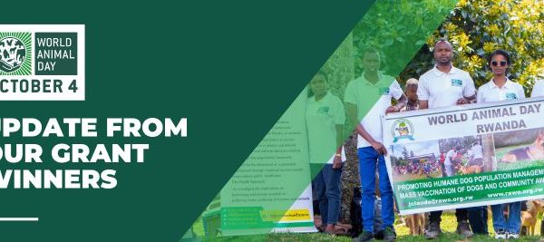 Members of the Rwanda Animal Welfare Organisation (RAWO) holding a World Animal Day 2025 banner promoting humane dog population management and vaccination in Rwanda.