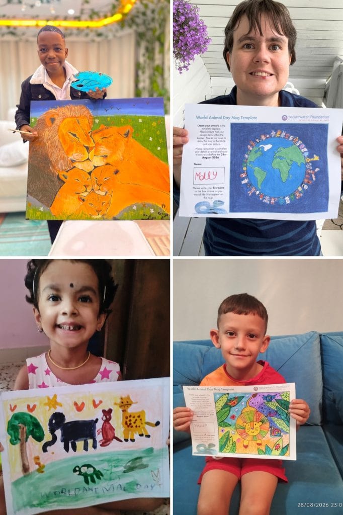 A collage of four World Animal Day ‘Design a Mug’ competition runners-up holding their artwork. The designs feature a lion family, a globe surrounded by animals, farm and wild animals in a world animal day scene, and a colourful lion surrounded by plants and animals.